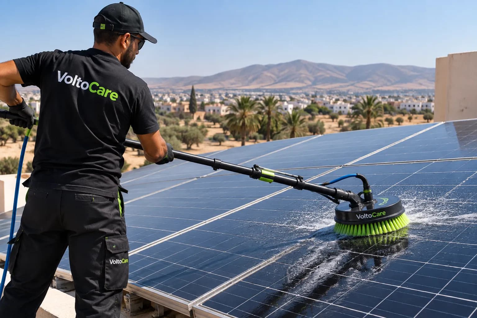 Technicien VoltoCare nettoyant des panneaux photovoltaïques avec une brosse rotative professionnelle montée sur perche
