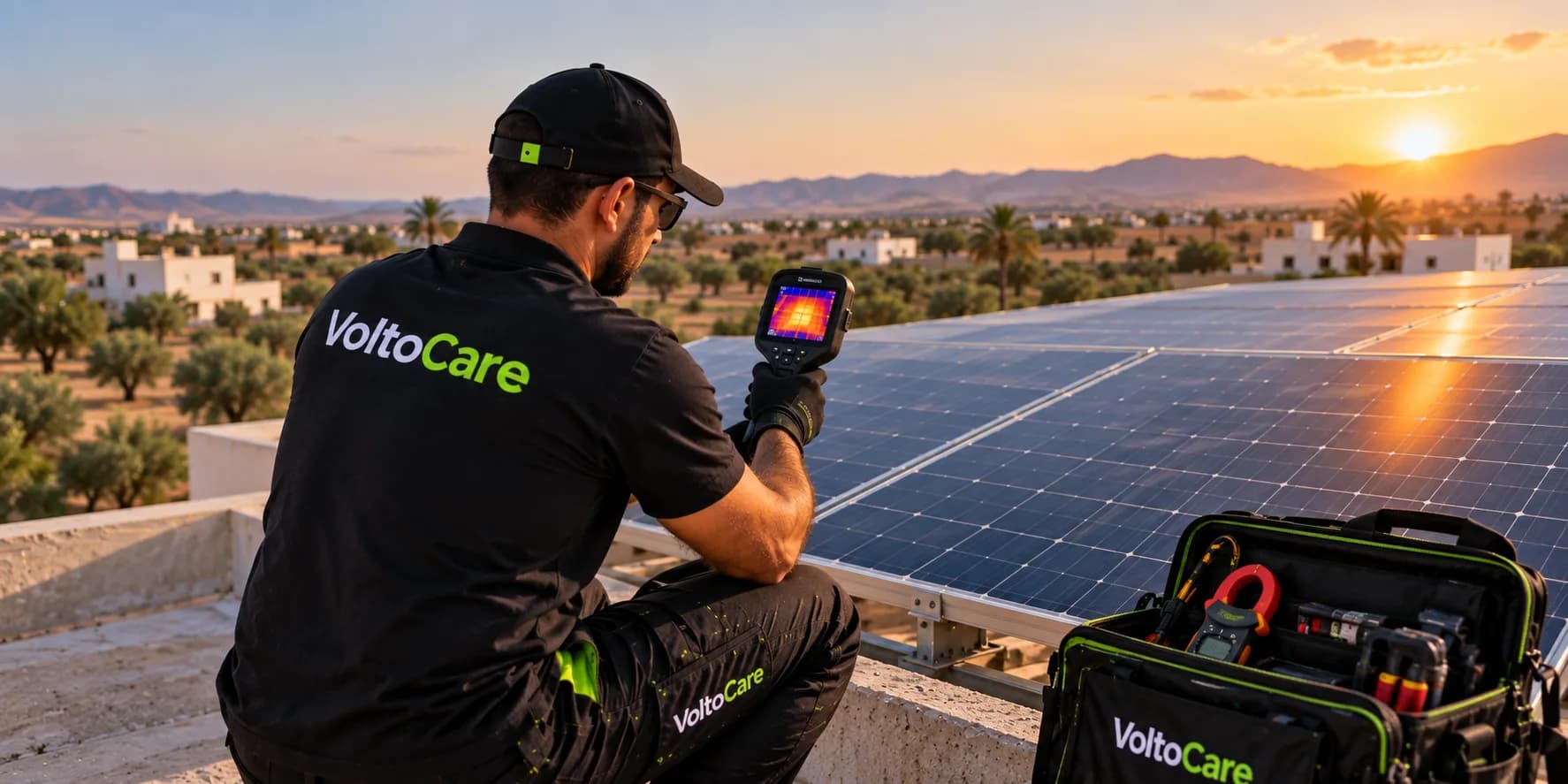 Technicien VoltoCare contrôlant une installation photovoltaïque à la caméra thermique au coucher du soleil, paysage tunisien d'oliviers et de maisons blanches