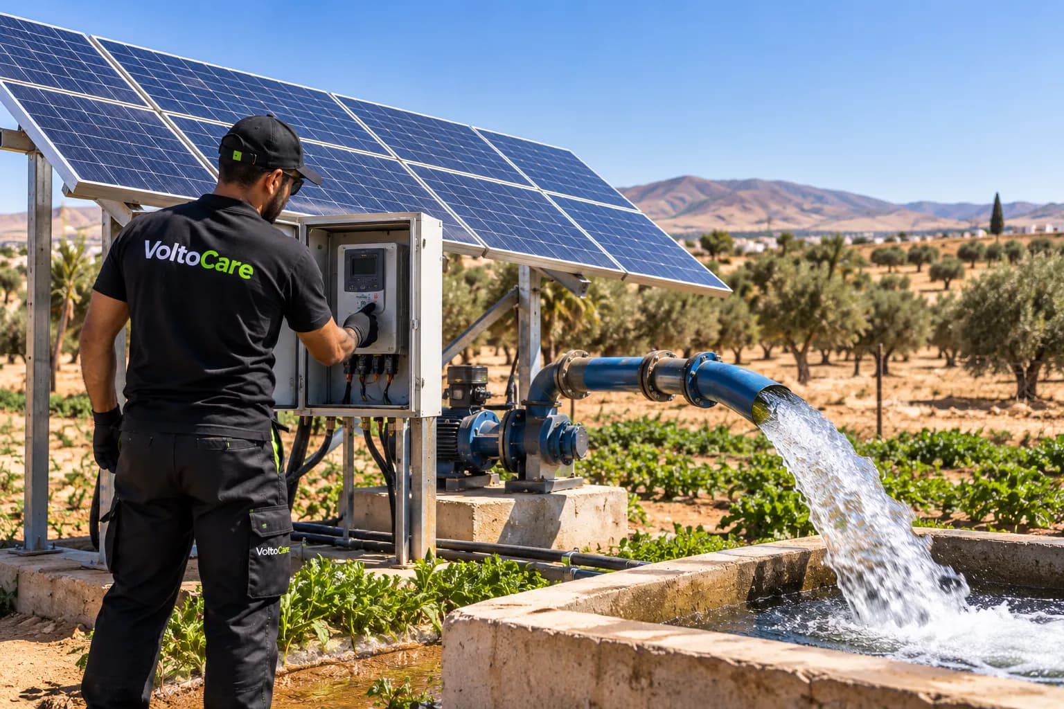 Technicien VoltoCare réglant le variateur d'un système de pompage solaire, eau jaillissant dans un bassin d'irrigation au milieu d'une exploitation d'oliviers