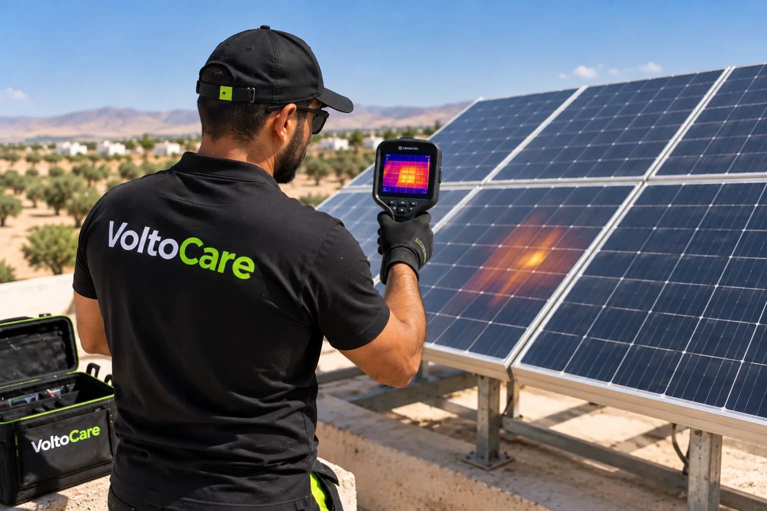 Technicien VoltoCare inspectant des panneaux photovoltaïques avec une caméra thermique