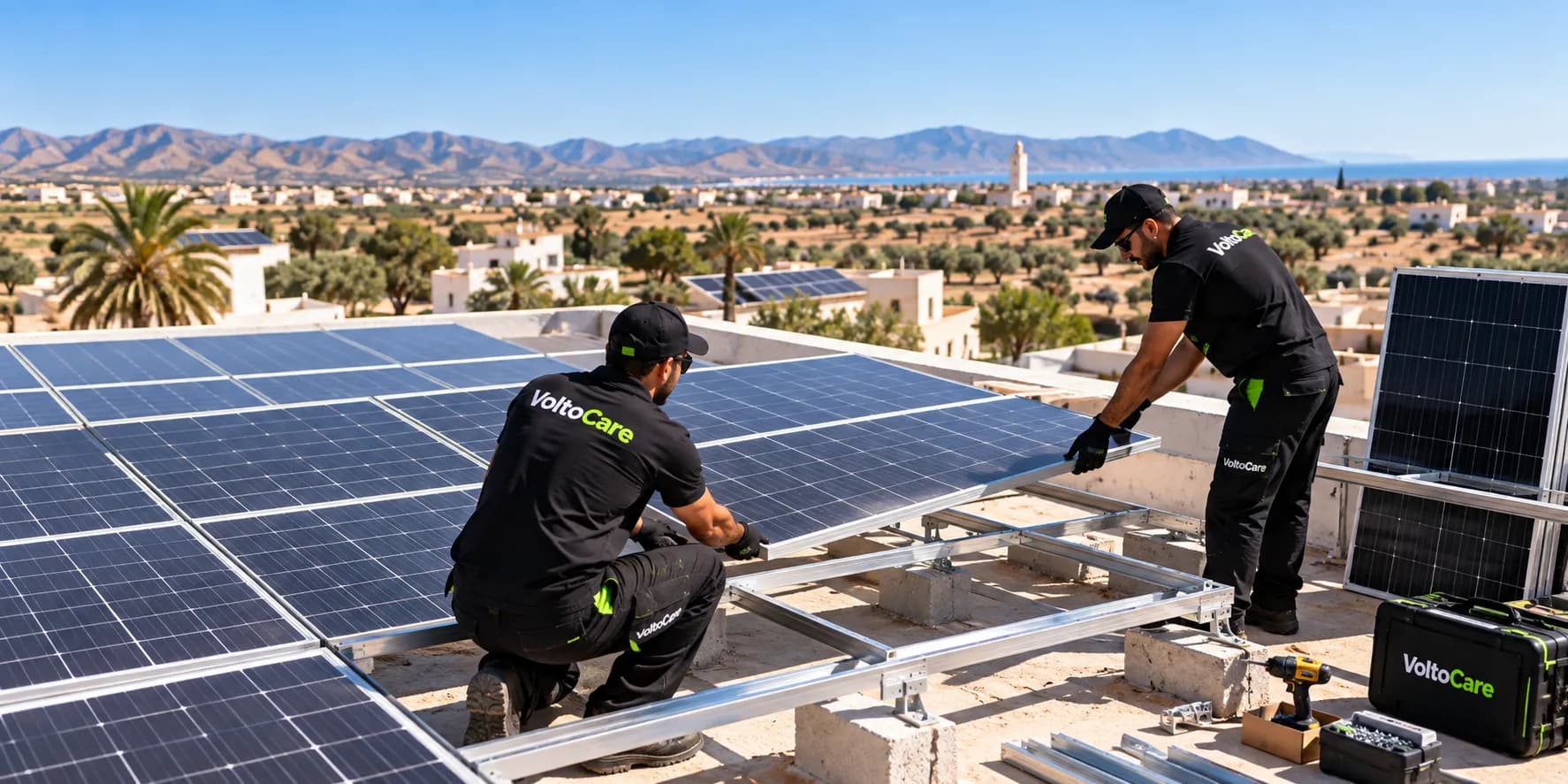 Techniciens VoltoCare réalisant l'extension d'une installation photovoltaïque sur toiture