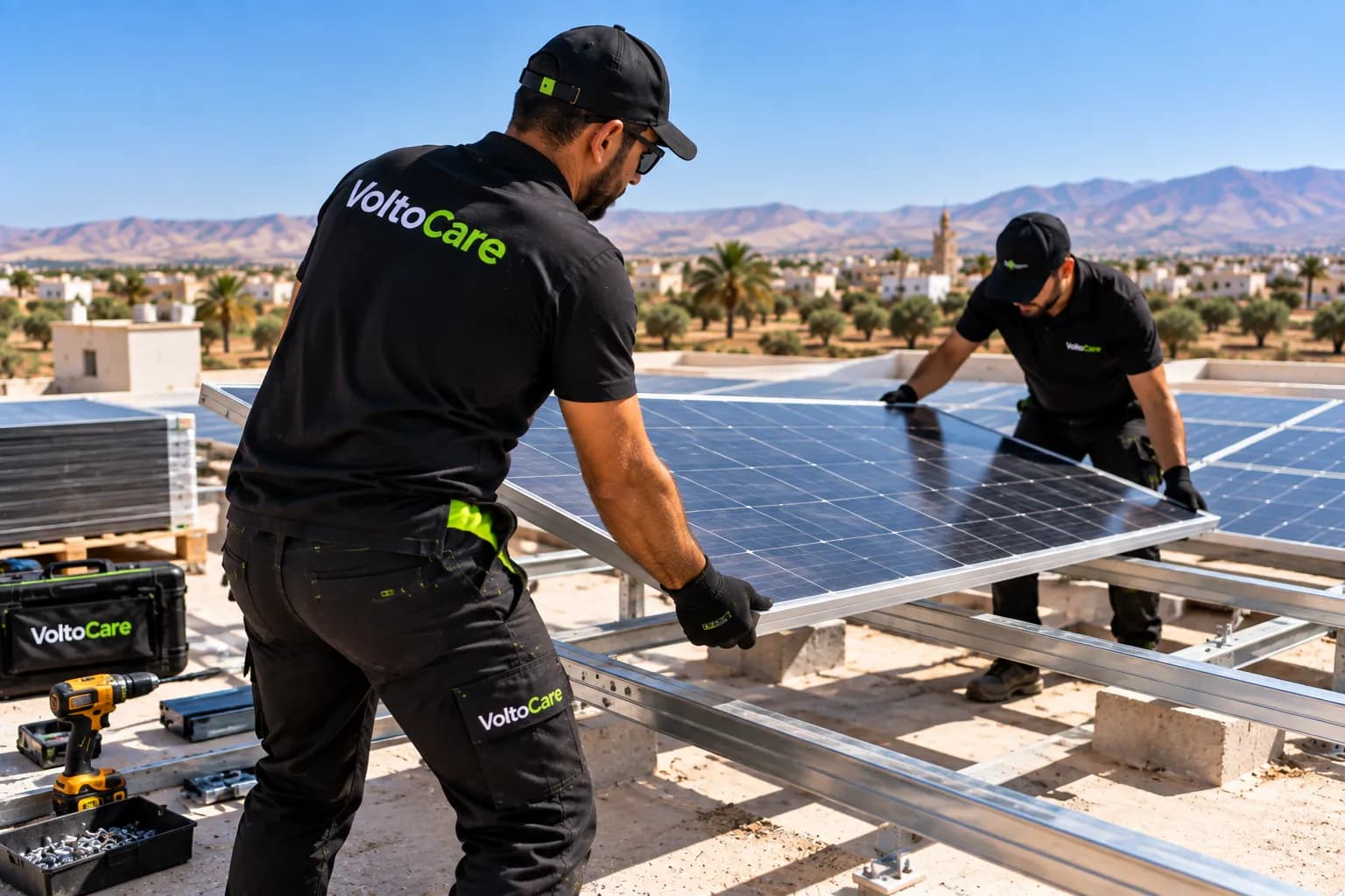 Deux techniciens VoltoCare posant un panneau photovoltaïque sur une structure de toit-terrasse, ville tunisienne en arrière-plan