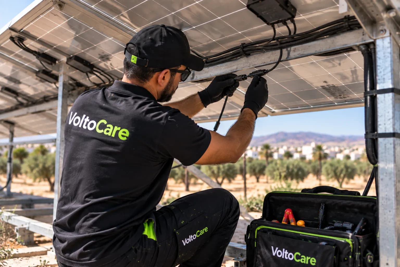 Technicien VoltoCare contrôlant la connectique électrique sous des panneaux photovoltaïques